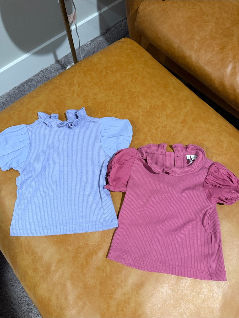 Janie and Jack Ribbed Puff-Sleeve Tops in Pink and Light Blue